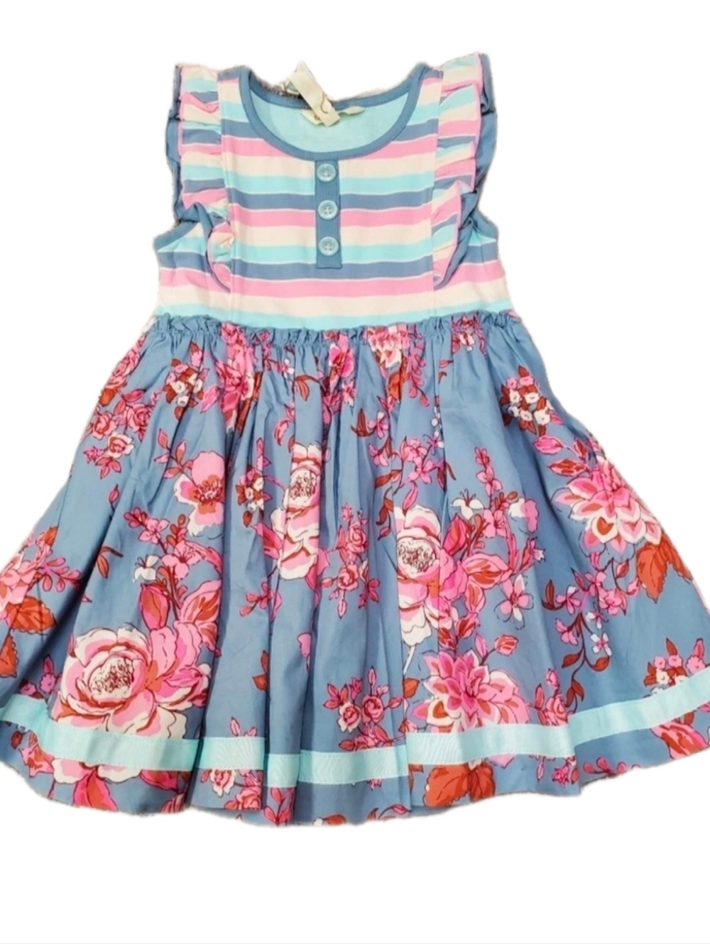 Matilda Jane Blue and Pink Floral Stripe Libby Dress with Ruffles 4 Nwt